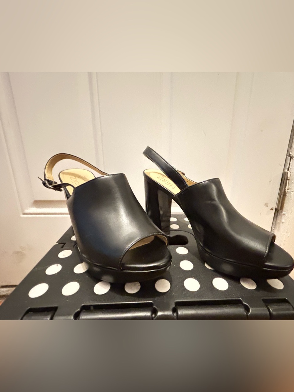 Naturalizer Black Leather Slingback Peep-Toe Platform Block Heels